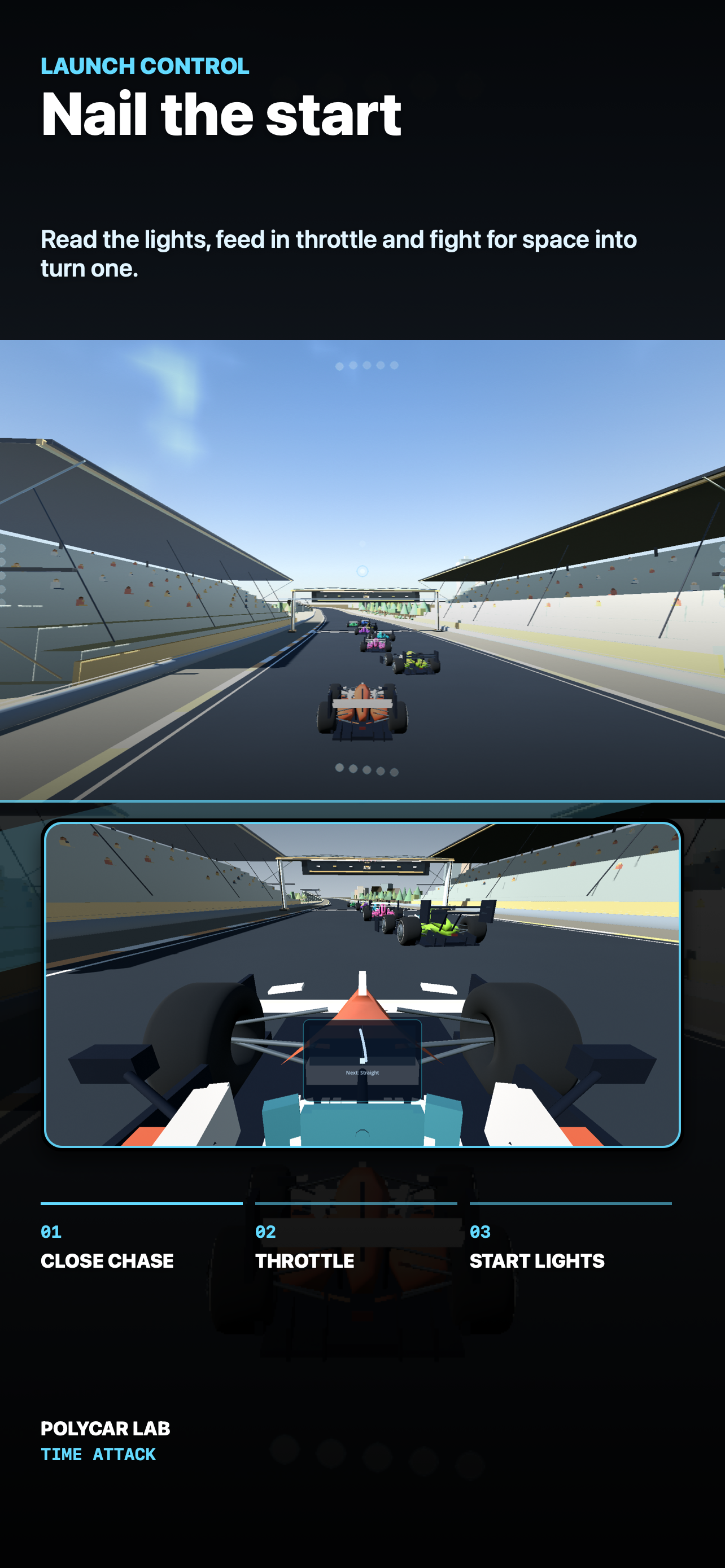 PolyCar Lab iPhone screenshot showing speed and lap HUD