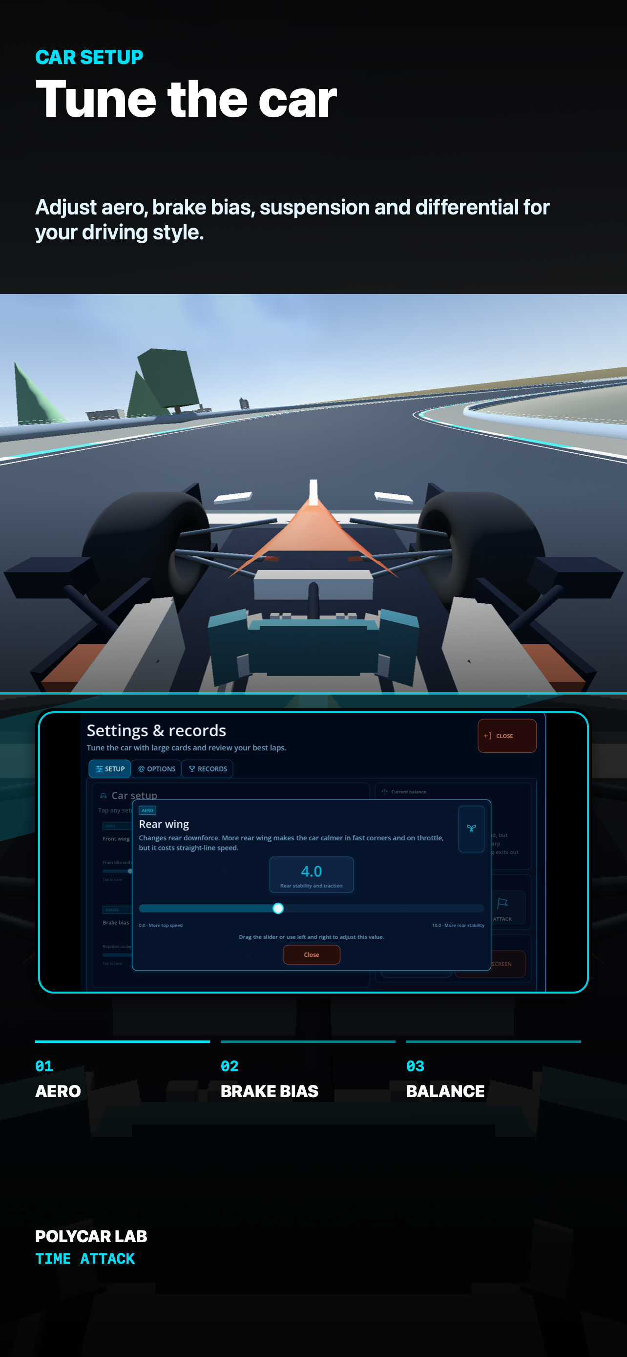 PolyCar Lab iPhone screenshot showing car setup controls