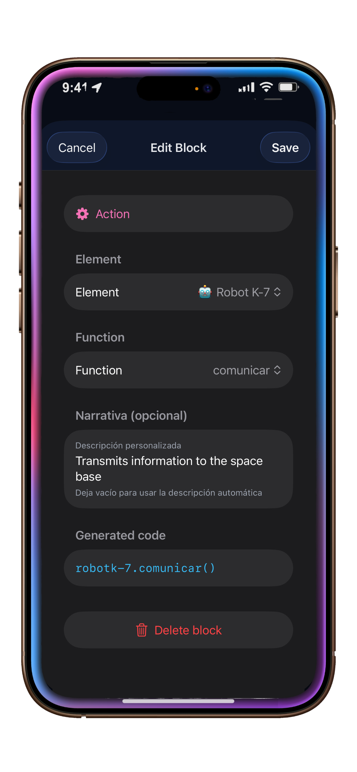 Edit block screen: choose element and function